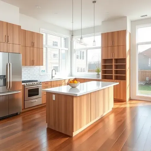Bright renovated Federal Heights kitchen with modern wood cabinetry stainless steel appliances quartz island subway tile backsplash hardwood floors and natural daylight