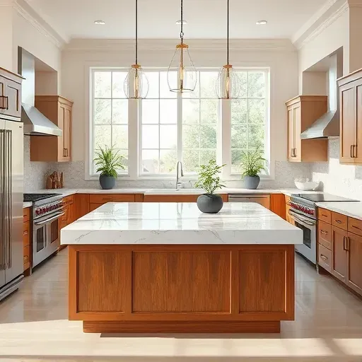 Beautiful custom kitchen island with marble countertops, warm wood base, modern cabinetry, and natural light in Herriman Utah