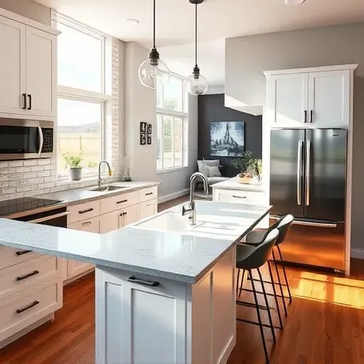 Completed kitchen remodel in Capitol Hill UT with sleek granite counters, matte black handles, and white cabinetry.
