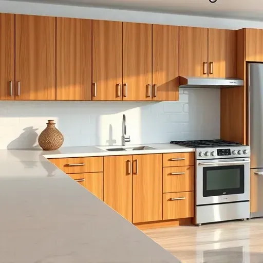 Refinished wooden kitchen cabinets with glossy surfaces, detailed wood grain, modern appliances, and natural lighting