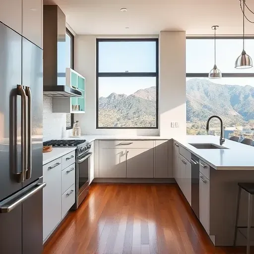 Modern renovated kitchen on Foothill Boulevard UT with sleek appliances, contemporary cabinetry, quartz countertops, hardwood floors, scenic mountain views