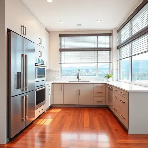 Modern Salt Lake City kitchen with matte cabinetry quartz countertops stainless steel appliances hardwood floors and mountain view