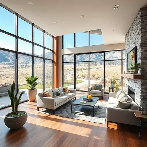 Beautiful modern living room in Park City, UT with mountain views, hardwood floors, stone fireplace, and stylish decor.