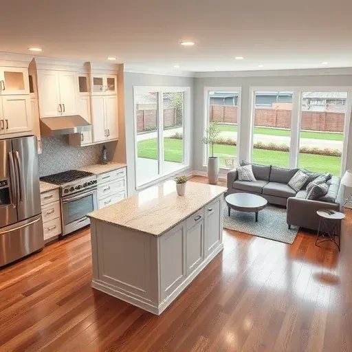 Modern kitchen and living space in Riverton UT featuring elegant design, high-end appliances, and beautiful landscaping.