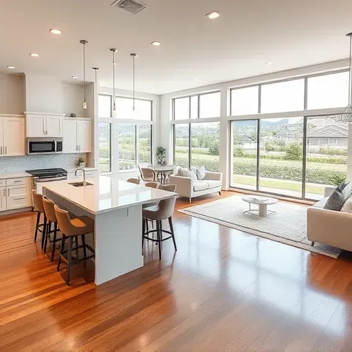 Modern open concept living space in Herriman Utah with hardwood floors quartz countertops large windows and sleek cabinetry