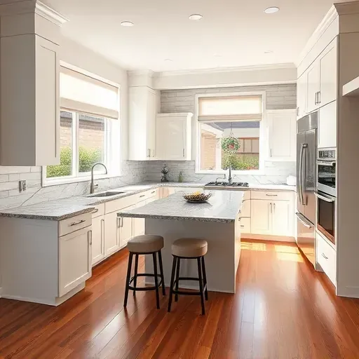 Modern kitchen remodel in Saratoga Springs with custom white cabinetry, granite countertops, stainless appliances, and warm oak flooring