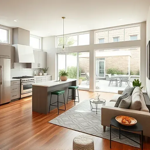 Completed home remodel in Sugarhouse UT featuring a modern kitchen, open living area, and vibrant garden view.