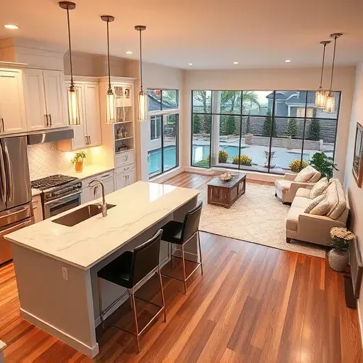 Elegant modern kitchen in Federal Heights with white cabinetry, quartz countertops, and ambient lighting, showcasing open living space.