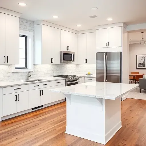 Modern kitchen remodel in East Millcreek with white cabinetry, quartz island, stainless appliances, and hardwood flooring.