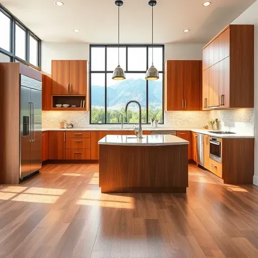 Renovated Bountiful UT kitchen with warm wood cabinets stainless appliances granite island bright windows greenery