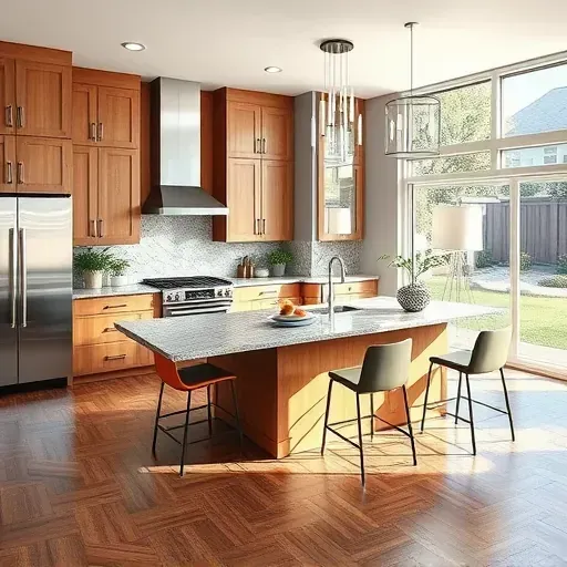 Beautiful renovated Yalecrest Utah kitchen with modern sleek cabinetry granite countertops stainless steel appliances large sunlit windows wooden flooring stylish island and landscaped backyard