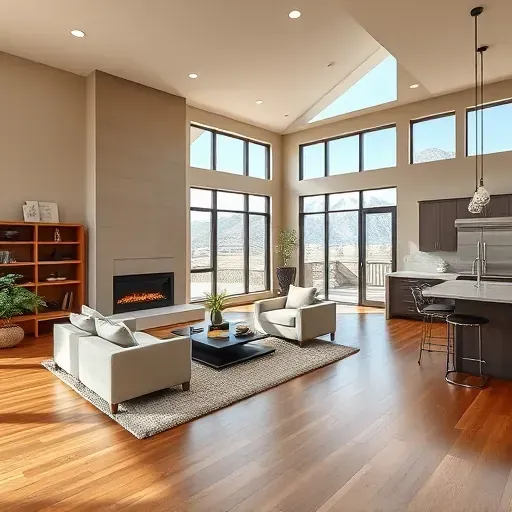 Spacious North Salt Lake living room with hardwood floors, modern fireplace, and panoramic mountain views.