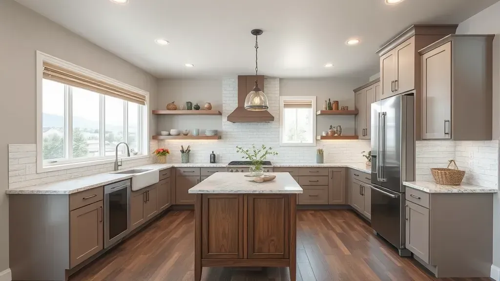 Remodeled Kaysville, UT kitchen with wooden cabinets, marble island, stainless appliances, hardwood floors, and bright natural light.