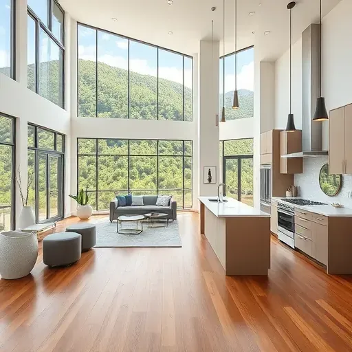 Modern renovated Emigration Canyon home interior with spacious living area, high ceilings, large windows, hardwood floors, and sleek kitchen.