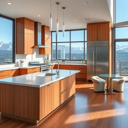 Modern Salt Lake City kitchen with wood-finish cabinetry, stainless steel appliances, granite island, and mountain views.