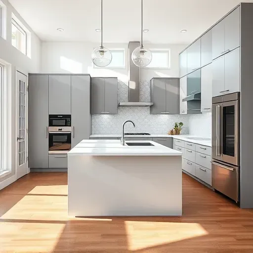 Remodeled Draper Utah modern kitchen with matte cabinetry stainless steel appliances marble island natural light