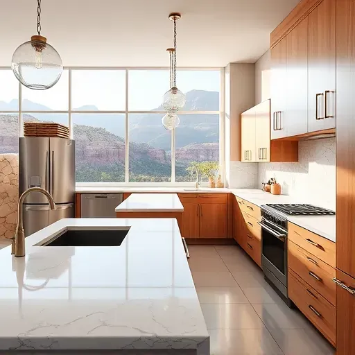 Renovated kitchen in Canyon Rim UT featuring granite countertops, stainless steel appliances, custom cabinetry, and scenic views.