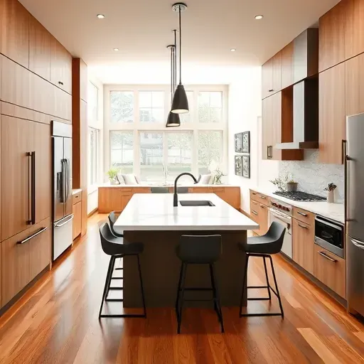 Beautiful remodeled Capitol Hill kitchen with quartz countertops, matte black fixtures, custom wood cabinets, stainless appliances, marble island, and hardwood flooring