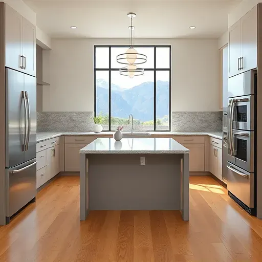 Remodeled Jeremy Ranch Utah kitchen with matte cabinets granite countertops stainless appliances mountain view hardwood floors neutral palette