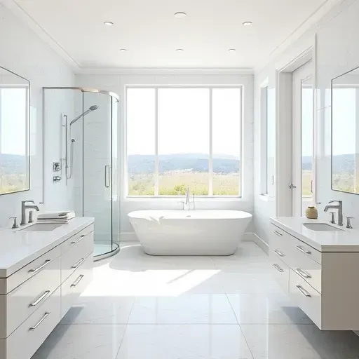 Spacious Herriman, UT bathroom with white marble countertops, glass shower, soaking tub, modern fixtures, and natural light.