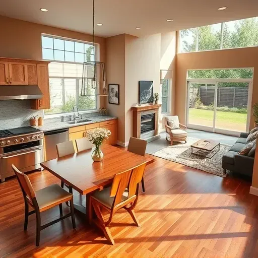 Modern kitchen remodel in Utah with stainless steel appliances, hardwood floors, and elegant dining area.