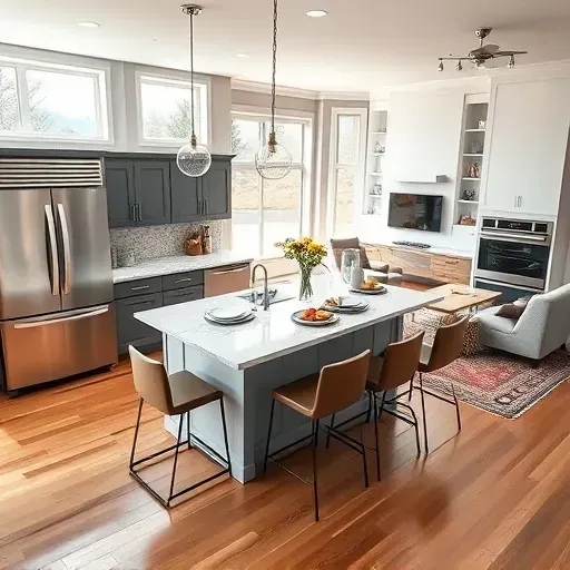 Modern kitchen with stainless steel appliances, marble countertops, and large windows showcasing an inviting atmosphere.