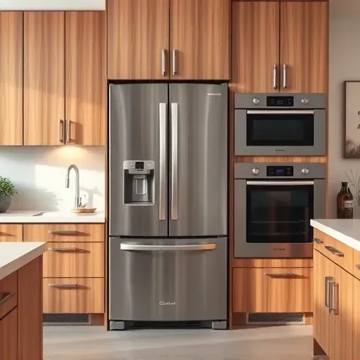 Modern kitchen with stainless steel refrigerator, built-in oven and microwave, wooden cabinets, quartz countertops in Herriman UT