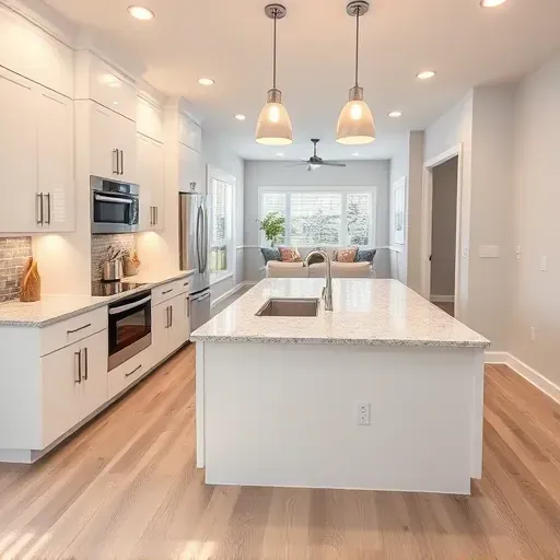 Remodeled Avenues UT kitchen with white matte cabinets stainless steel appliances large island granite countertops oak floors and natural light