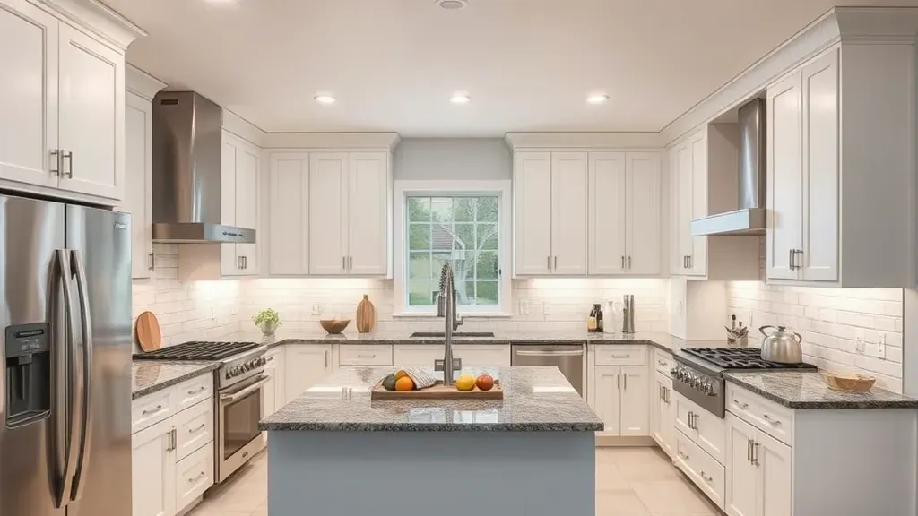 Remodeled Highland, UT kitchen with sleek neutral cabinets, marble island, stainless appliances, hardwood floors, and scenic views.