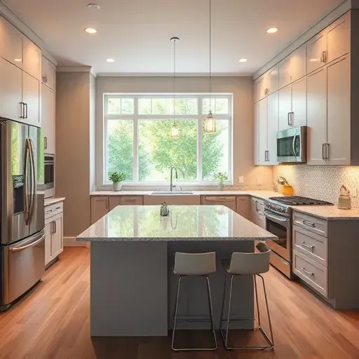 Newly remodeled kitchen in Murray UT with modern cabinetry, granite island, stainless steel appliances, and natural light.