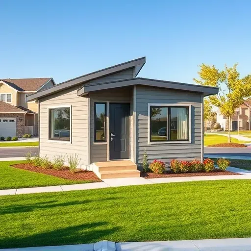 Newly completed modern Accessory Dwelling Unit in Herriman, UT with textured siding, large windows, lush landscaping, and sunny neighborhood.