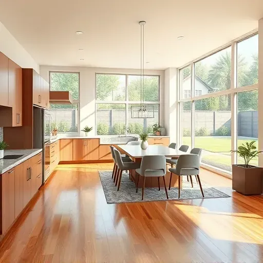 Modern open-concept kitchen and living space with natural light, sleek cabinetry, granite countertops, stainless appliances, hardwood floors, greenery, and backyard view