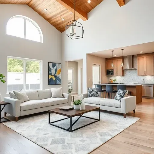 Beautifully renovated Highland UT living room with modern design, high ceilings, bay window, stylish decor, and inviting atmosphere.
