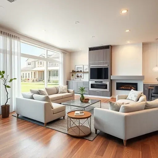 Modern renovated living room in Liberty Wells, UT with sleek furniture, hardwood floors, large windows, and open kitchen.