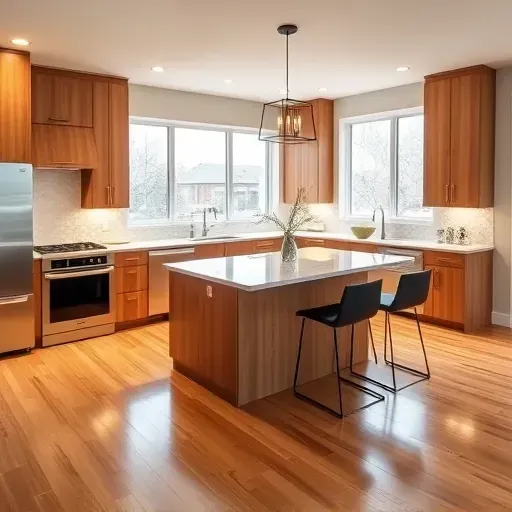 Recently renovated kitchen featuring modern cabinetry, stainless steel appliances, and a spacious marble island in a bright setting.