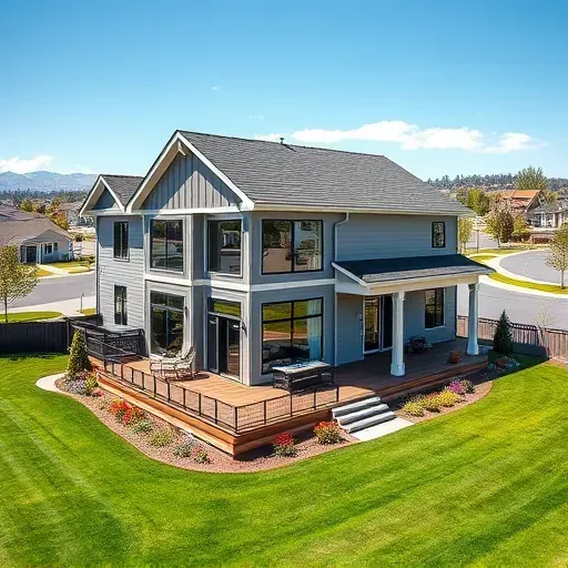 Beautiful modern home addition in Herriman Utah with large windows, clean lines, landscaped yard, and outdoor patio
