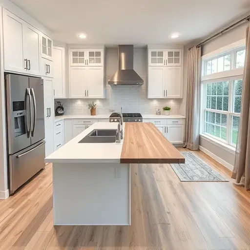 Renovated modern kitchen in Lehi Utah with white quartz countertops stainless steel appliances wooden breakfast bar and light oak flooring