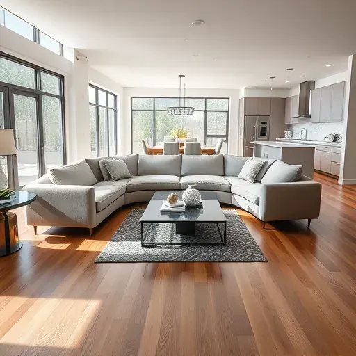 Modern renovated Farmington living room with hardwood floors, neutral sofa, large windows, and open kitchen.