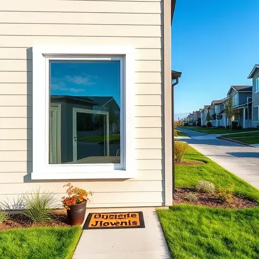 Modern home's new double-pane window and stylish front door with clean white trim in Herriman Utah