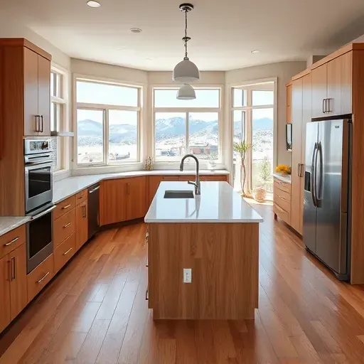 Remodeled Jeremy Ranch kitchen with quartz countertops, stainless steel appliances, warm wood cabinets, mountain view windows, and hardwood floors