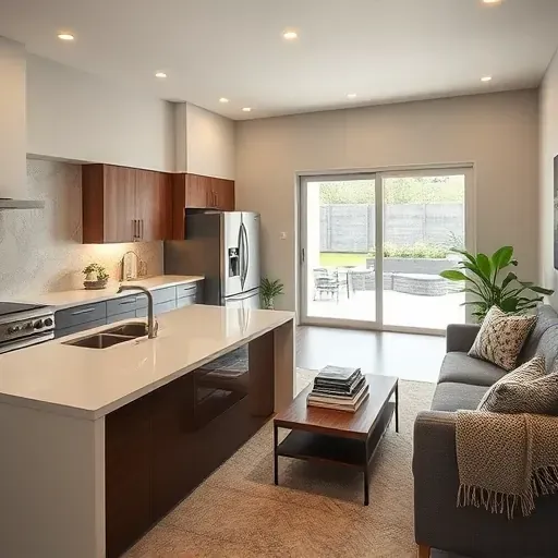 Modern kitchen with custom cabinetry, quartz island, and cozy living room, showcasing Taylorsville home remodeling details.