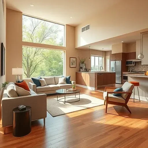 Remodeled Federal Heights living room with modern furniture, hardwood floors, large windows, and open kitchen.