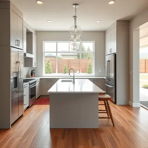 Modern remodeled kitchen in North Salt Lake featuring matte finish cabinets stainless steel appliances marble island hardwood floors large windows greenery mountain view