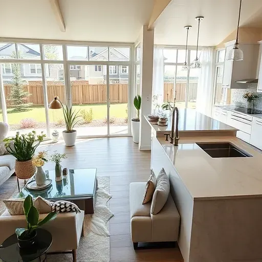 Bright open-plan living space in Bountiful, UT, featuring modern furnishings, a stylish kitchen, and landscaped garden.
