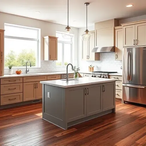 Modern remodeled kitchen in Daybreak UT featuring sleek matte cabinetry stainless steel appliances quartz countertops stylish backsplash marble island hardwood floors and ambient lighting