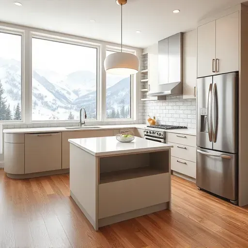 Recently remodeled kitchen in Park City UT with modern cabinetry, stainless steel appliances, quartz countertops, and scenic views.