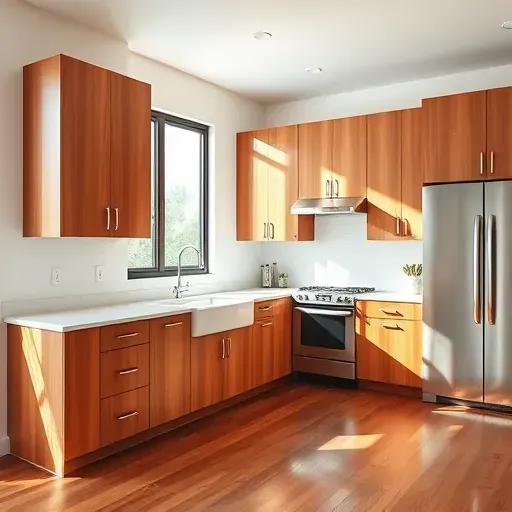 Freshly installed warm wooden cabinets with quartz countertops, modern fixtures, stainless steel appliances, and polished hardwood floors in a bright modern kitchen.