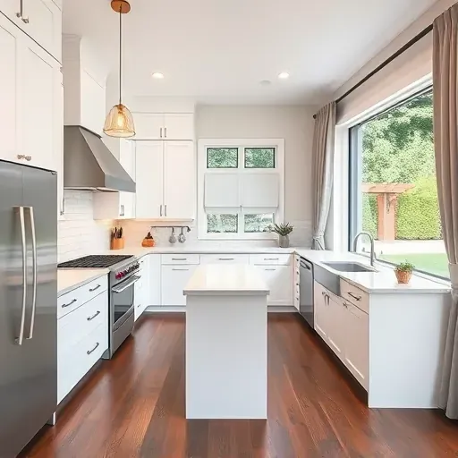 Renovated Herriman kitchen with matte white cabinets stainless steel appliances large island quartz countertop stylish lighting dark hardwood floors landscaped backyard