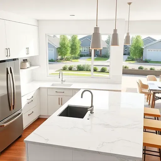 Modern Herriman UT kitchen with white cabinets, stainless steel appliances, granite countertops, marble island, and natural light