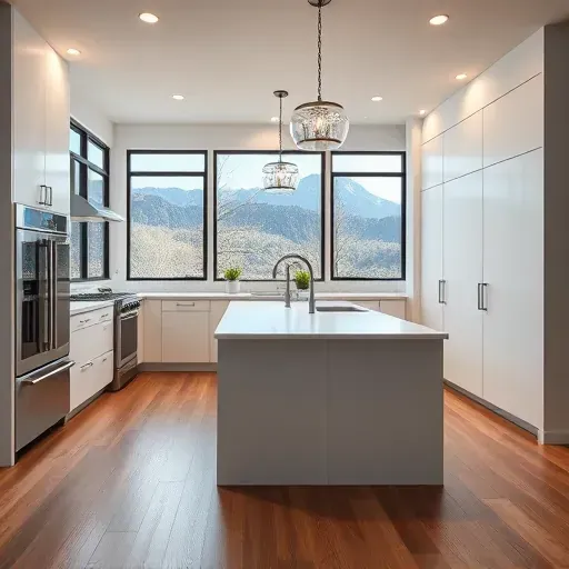 Remodeled modern Olympus Cove UT kitchen with sleek cabinetry, stainless steel appliances, quartz island, and mountain views